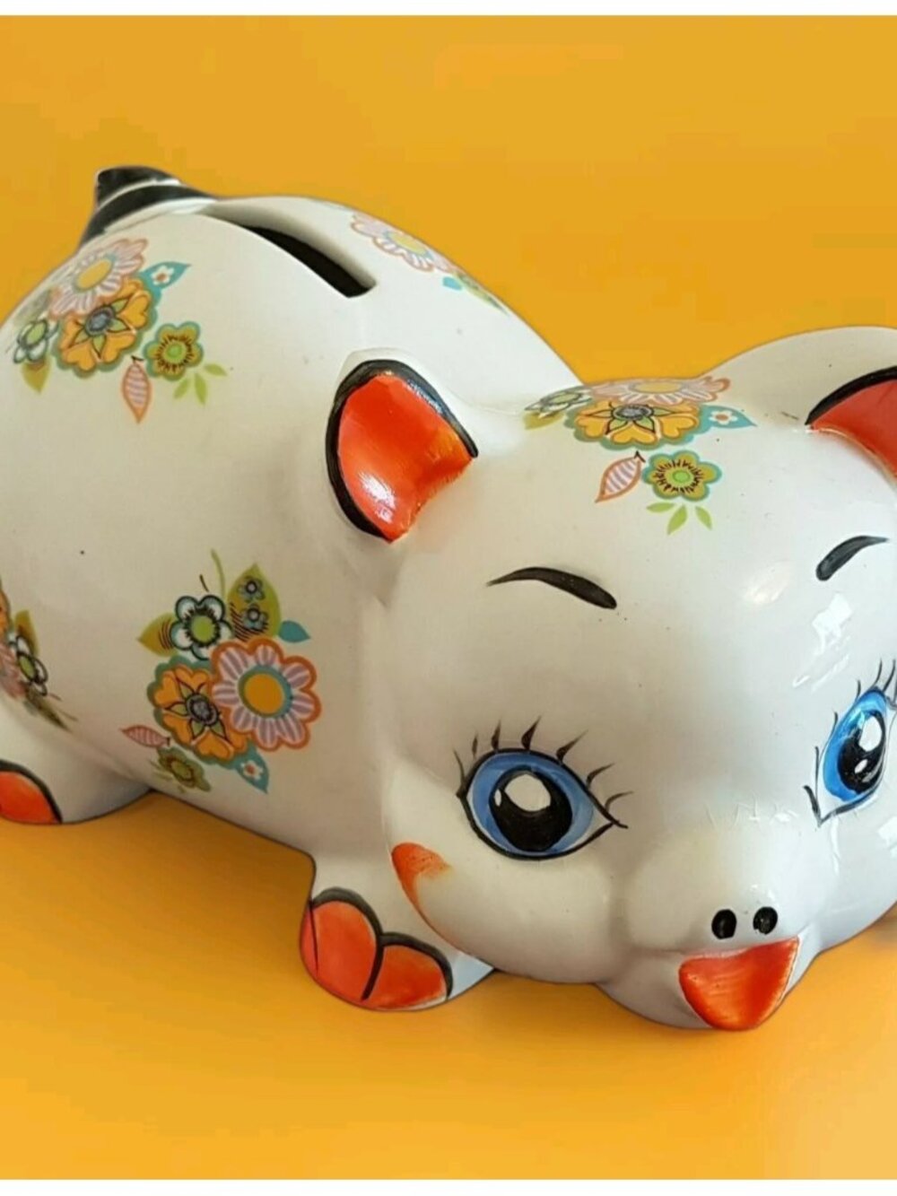 Porky Ceramic Piggy Bank Floral Pig Made in England Orange Flowers Vintage 3675